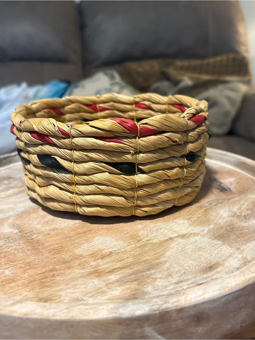 Rope  basket handmade coiled 6” black and red accents